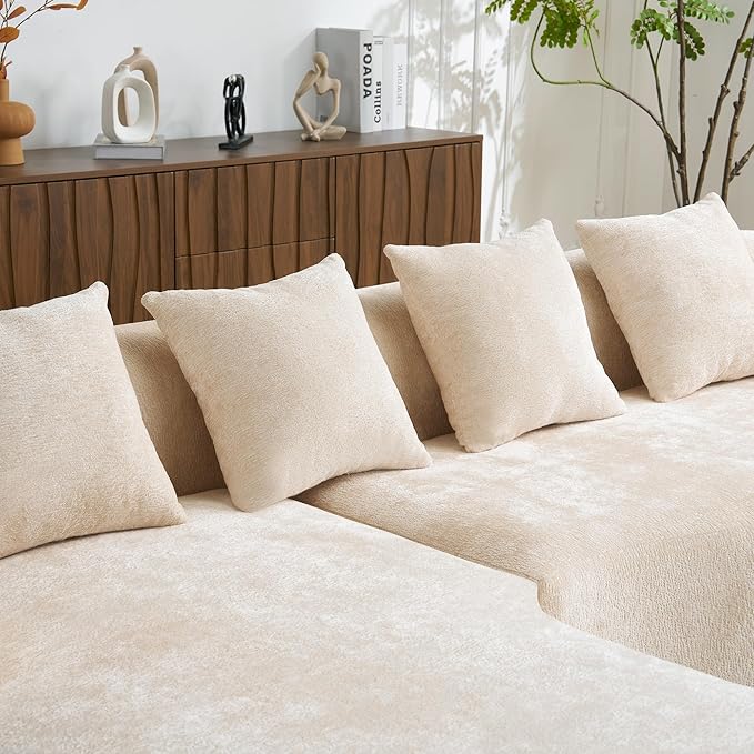 KEIKI 104.7 Cloud Sofa L-Shape Sectional Sofa with Curved Chaise Futon Sofa Couch Folding Mattress for Living Room Guest BedroomNo Assembly Required Beige