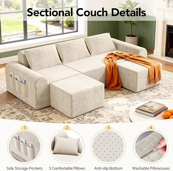 Cloud Sectional Couch with 3 Pillows &amp 2 Ottomans Boneless Couches for Living Room U Shaped Sectional Sofa Deep Seat Comfy Couch for Small Spaces No Assembly Required 72h to Restore (Beige)