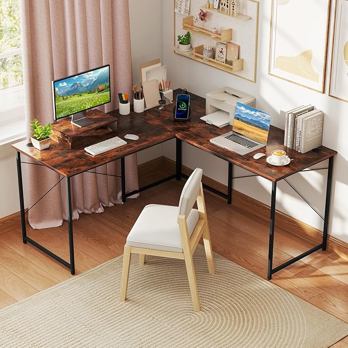 Tangkula L-Shaped Computer Desk with Power Outlets 95” Long 2-Person Desk with Monitor Shelf Modern Corner Desk Gaming Table with USB Ports for Home Office