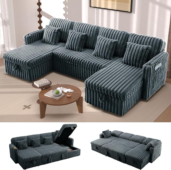 107'' Sectional Sleeper Sofa with Pull Out Bed Storage Chaise Adjustable Backrest USB Charger Cup Holder &amp Side Pocket Fluffy Soft Corduroy U Shaped Couch for Living Room Dark Grey