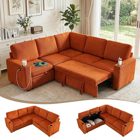 Sectional Sleeper Sofa with Pull Out Bed Plush Corduroy L Shaped Corner Couch with Storage USB Ports Cup Holders Comfy Sectional Couches for Living Room Orange | Modular Couch for Apartment Too