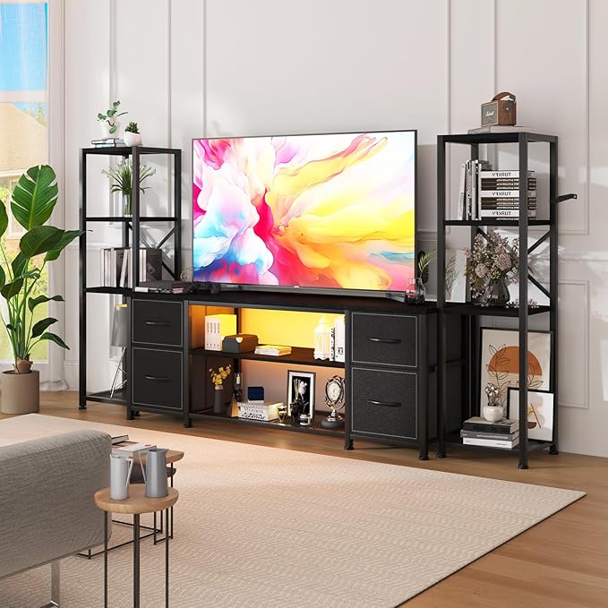 LED TV Stand 60 Inch for Living Room with Charging Station Farmhouse Entertainment Center with 2 Industrial Bookshelves Modern Console Cabinet with Storage Drawers (Black)