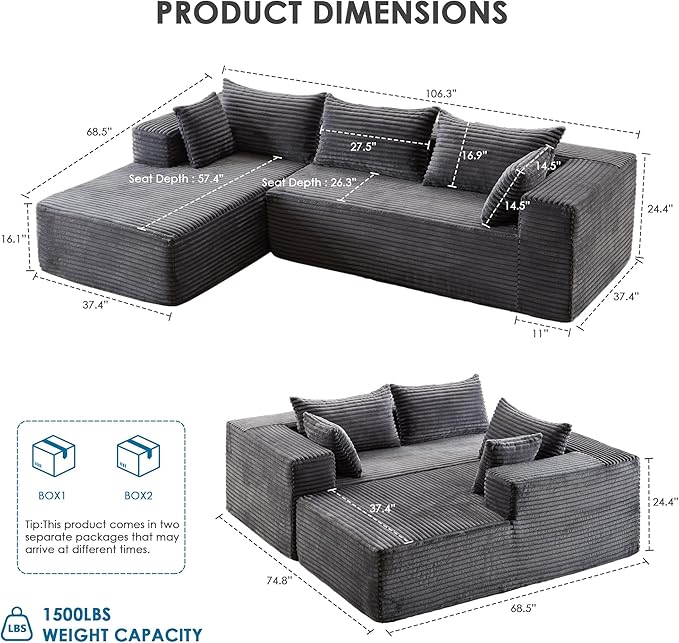 107 Cloud Couch Modular Sectional L Shaped Couch with Chaise Deep Seat Sofa Fluffy Corduroy Couches Boneless Couch for Living Room Gray Left Facing Chaise