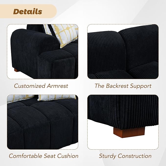 Modern Living Room Sofa Cozy Bedroom Couch 4 Pillows &amp Rubber Wood Legs Black