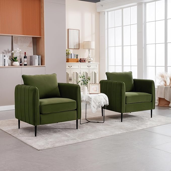 Accent Chair for Living Room ChairsVelvet Modern Upholstered Chairs Living RoomCozy ArmchairBarrel Chair (2 Olive Green)