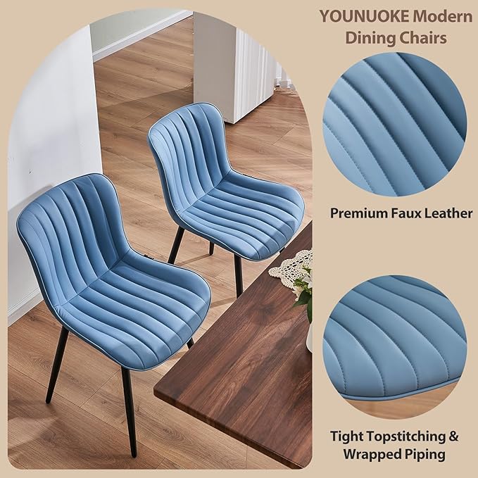 YOUNUOKE Mid-Century Modern Dining Chairs Set of 2 Blue PU Leather Upholstered Kitchen Chairs with Black Metal Legs Armless Accent Chair for Dining Room Guest Reception Room
