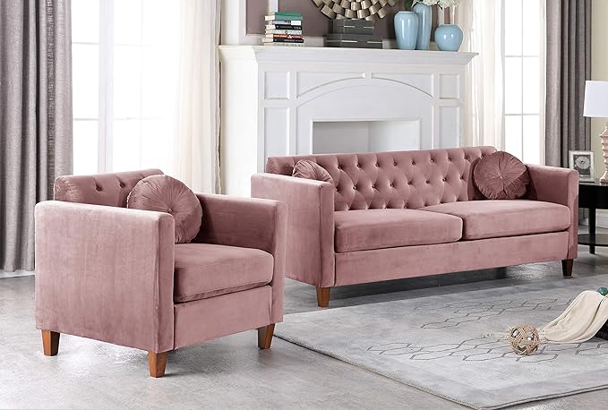 Persaud Living Room Chair with Classic Chesterfield Velvet Upholstery Ideal for Home Apartment and Office Chair Natural Pink