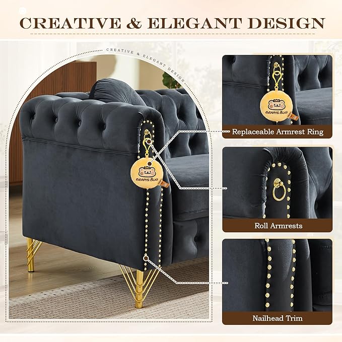 Mid Century Modern Chesterfield Couch Velvet Sofa with Button Tufted &amp Rivet Upholstered Comfy Sofa with Armrest Ring &amp Gold Leg Cozy Cloud 3-Seater Couch for Living Room(82 W Black)