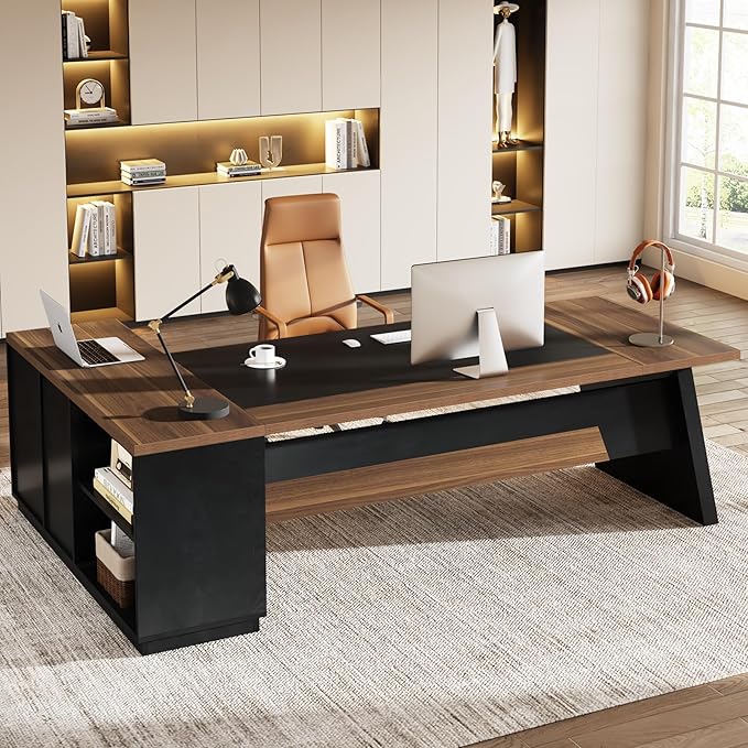 Tribesigns L-Shaped Executive Desk 78-Inch Modern Office Desk with Drawers and Lateral File Cabinet Large Bussiness Furniture with Storage Shelves Workstation for Home Office (Brwon + Black)