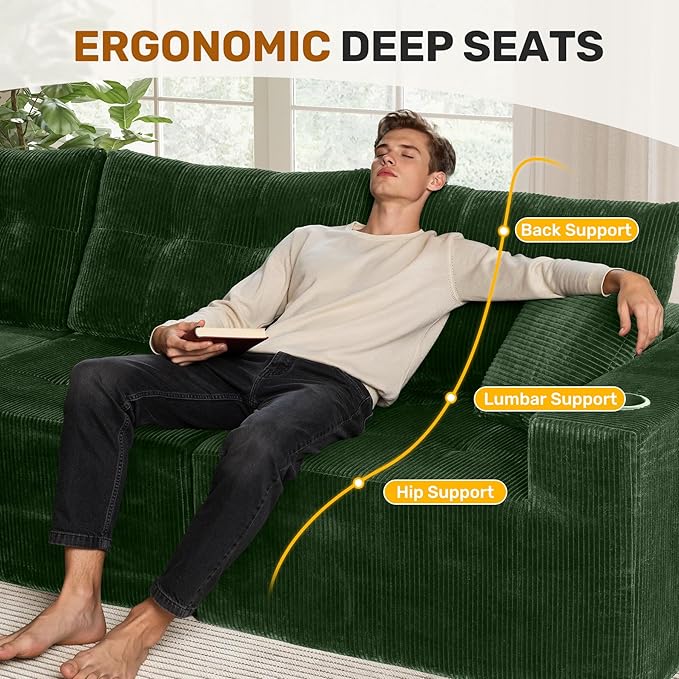 113 Modular Sectional Sofa for Living Room Convertible L-Shape Couch with Ottoman 4 Seater Modular Sectional SofaGreen Corduroy