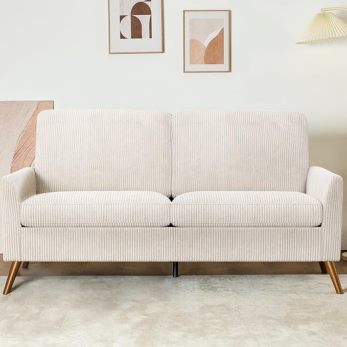 68 Loveseat Sofa Comfy White Corduroy Couches for Living Room Mid Century Modern Love Seat Sofa Tool-Free Setup Small Couches for Bedroom Office