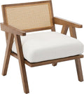 Accent Chair Mid Century Modern Comfy Living Room Chairs with Sturdy Wood Legs Rattan Backrest &amp Beige Thick Linen Cushion Armchair for Bedroom Balcony Apartment White