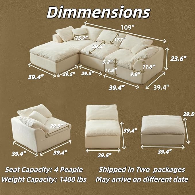 109 Modular Cloud Couches for Living Room Boneless Couch Deep Seat Convertible L-Shape with Ottoman Oversized Comfy 3-Seater Couch Chenille Fabric Compressed Sofa Modern Sectional SofaCreamy White