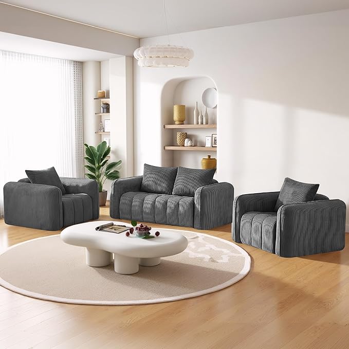 Comfy Loveseat Sofa with 2 Arm Chair Set of 3 Corduroy Sofa for Living Room Boneless Lounge Floor Cloud Couch for Small Spaces for Bedroom Office Apartment Grey