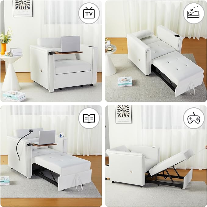 Velvet Convertible Chair Bed 3 in 1 Multi-Functional Lounge Chair Sleeper Pull Out Couch Guest Bed with Hidden Table and Adjustable Backrest for Living Room (White)
