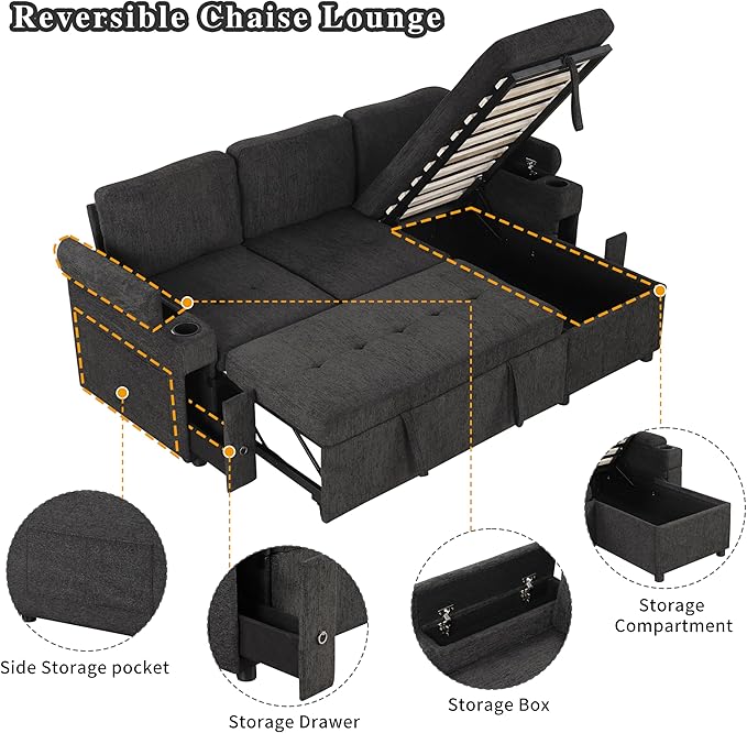Merax Modern 83.5 L-Shaped Sectional Sofa with Pull-Out Sleeper Bed USB Ports &amp Cup Holders Chenille 3-Seat Couch with Storage Chaise Lounge Side Pocket &amp Drawers for Living Room Black