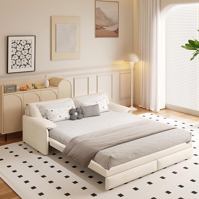 66 Queen Size Loveseat Sofa Bed Couch for Living RoomUpholstered Velvet Fabric3 in 1 Convertible Pull Out Sleeper Sofa for Apartment Office Studies-Beige