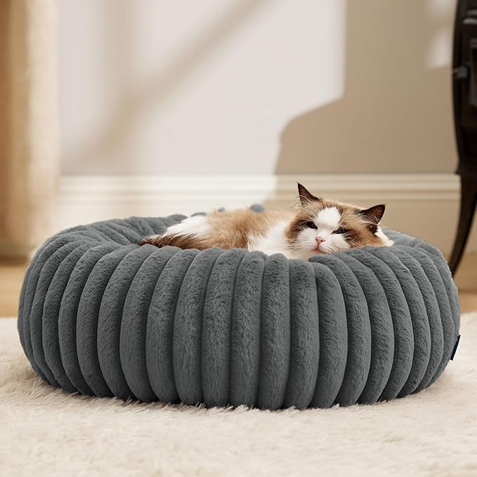 Bedsure ComfyFleece™ Cat beds for Indoor Cats - Donut Dog Beds for Small Dogs with Corduroy Fleece &amp Anti Slip Bottom Faux Fur Pet Beds with Washable Removable Cover Warm Grey 20x20x6 inches