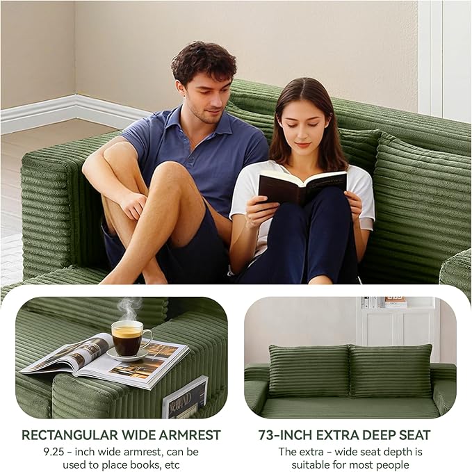 73 Convertible Sofa Bed Pull Out Boneless Loveseat Sleeper Sofa Corduroy Foldable Couch Bed with Storage Bag No Assembly Couch in a Box for Living Room Apartment (Green)