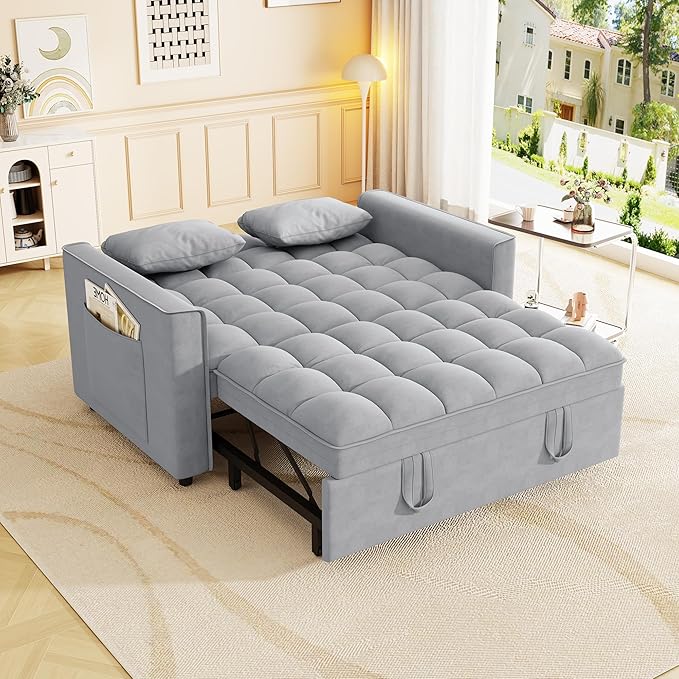 Hommoo 53 Sleeper Sofa Bed Pull Out Couch Convertible 3 in 1 Futon Lounge Sofa Small Love Seat for Living Room Apartment Comfy Velvet Reclining Back with Pillows and Pockets Light Grey