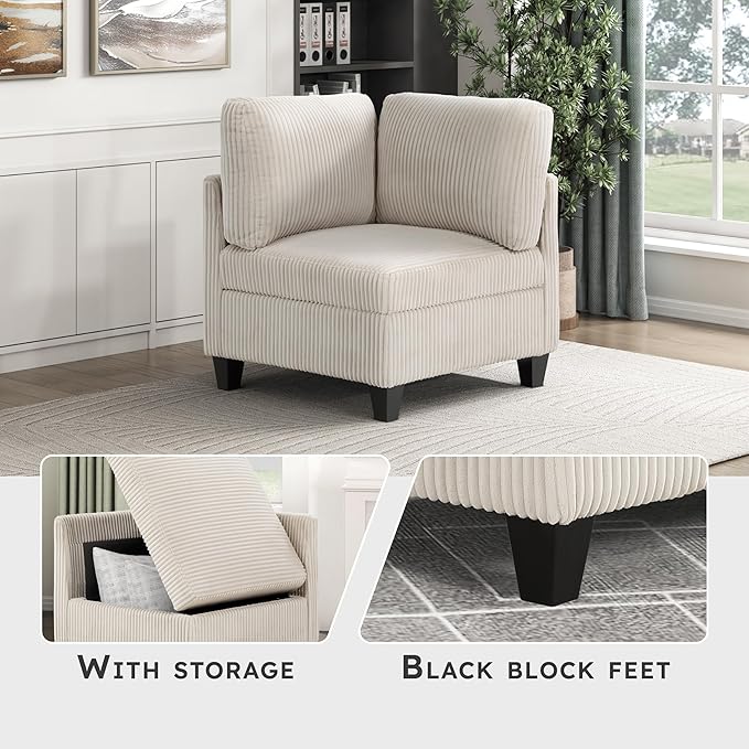 Lexicon Modular Sectional Sofa for Living Room Corduroy Corner Seat with Storage Units of Modular Sectional Couch Upholstered Chair for Customizable Sectional Sofa Couch Beige