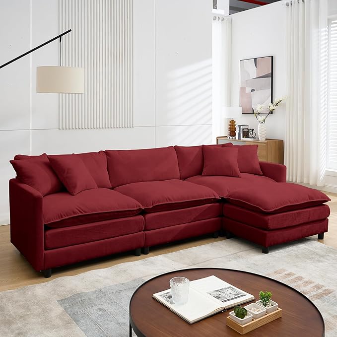 108 Cloud Sectional Couches for Living RoomConvertible L-Shape Couch with Ottoman3 Seater Modular Sectional Sofa with Pillows (Red 3 Seater + 1 Ottoman)