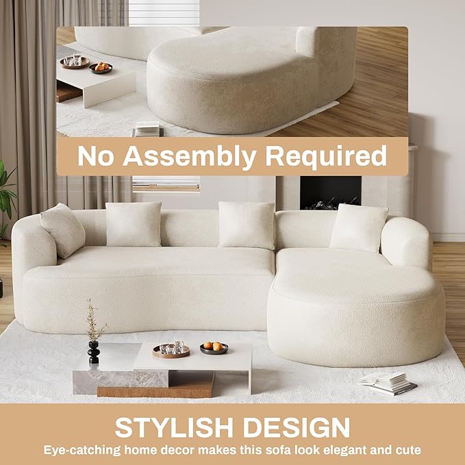 Oversized Sectional Sofa with Right Chaise for Living Room 111 Modern Curved L Shape Cloud Couch with Extra Deep Seat Modern Luxury Chenille 4 Seater No Assembly Required Beige White