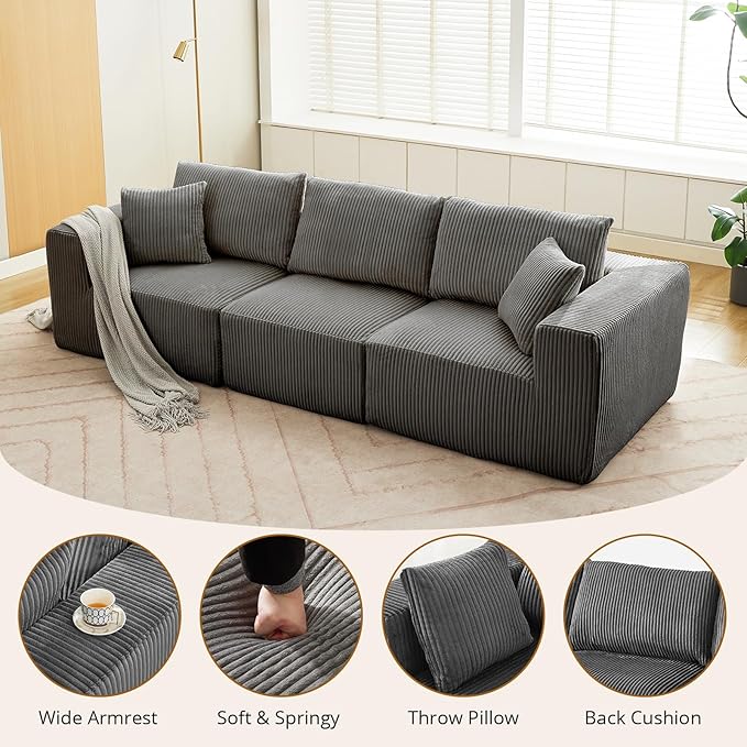 Sectional Cloud Boneless Couch 108 Modern Comfy Linear Straight No Assembly Required Convertible Compression Sleeper Modular Sofa with Corduroy Fabric 3 Deep Seat Single for Living Room