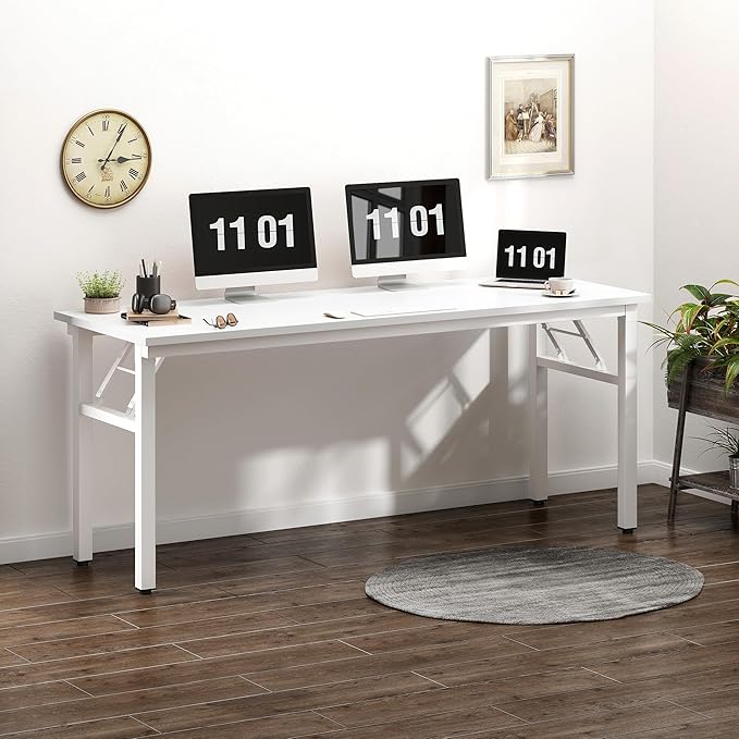 sogesfurniture Modern Foldable Computer Desk 62 inches No Assembly Sturdy Large Laptop Workstation for Home Office Portable Folding Study Table Writing Gaming Desk for Small Spaces White