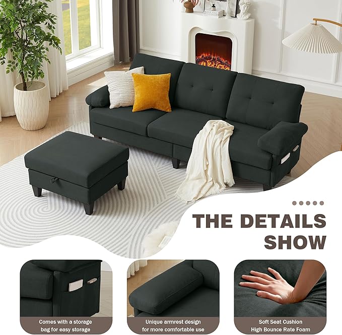 84 Convertible Sectional Sofa Modern Linen Fabric Small L Shaped Couch with Reversible Chaise 3-Seat Sofa Couches for Living Room Apartment and Small SpaceBlack