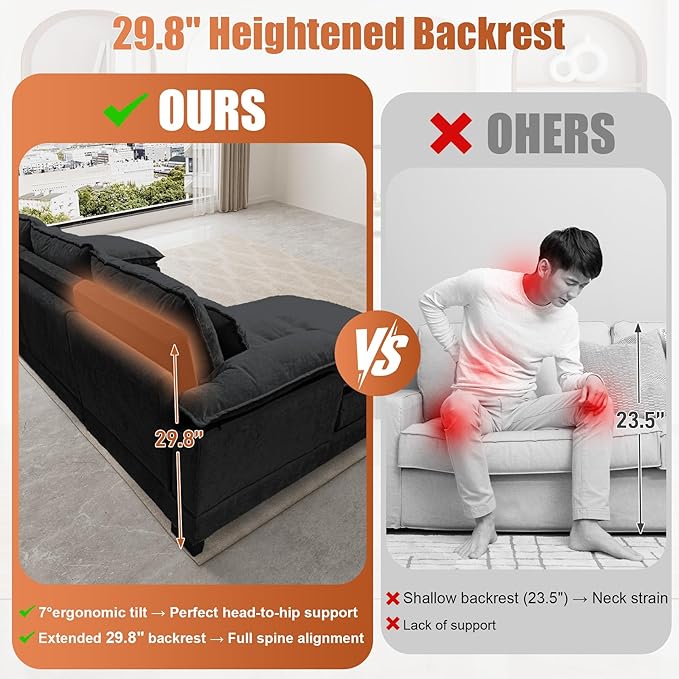 OUYESSIR U Shaped Sectional Couches for Living Room110 Cloud Sectional Sofa with Deep SeatModern Comfy Cloud Couch4 Seater Chenille Sofa with Double Chaise(Black)