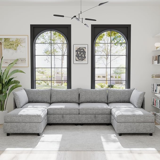 129” Modular Sectional Sofa Convertible 6 Person U Shaped Couch with Storage 2 Removable Ottomans &amp Deep Seats Memory Foam Comfy Modular Couch for Living Room (Grey 6 Seat)