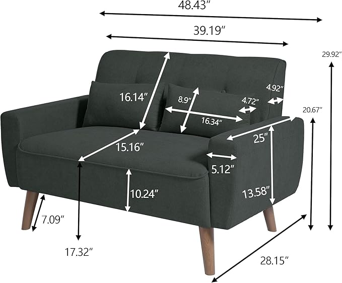 49 Small Loveseat Sofa 2 Seat Mid Century Love Seat Couch with Throw Pillows for Living Room Apartment Bedroom and Small Spaces