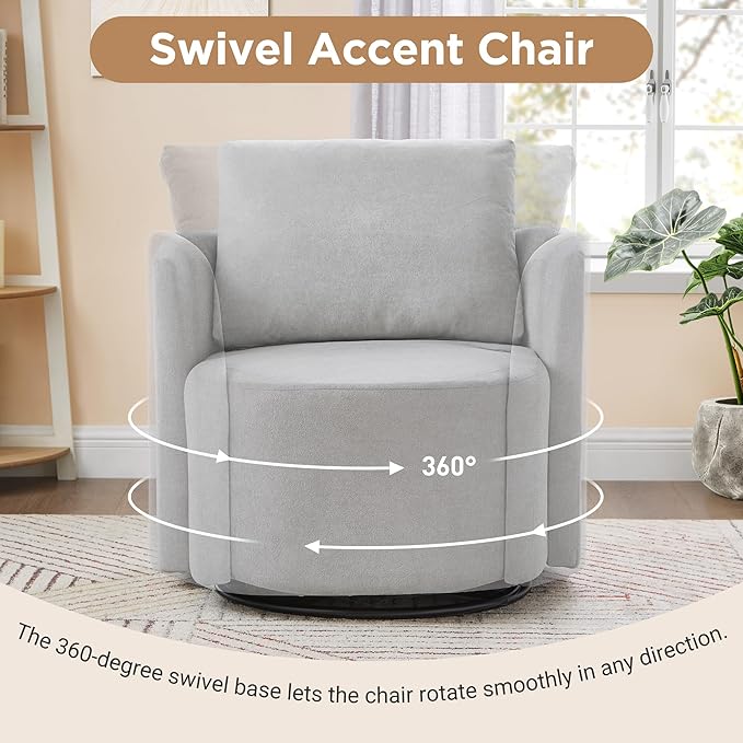 360° Swivel Chair Modern 29.9 Accent Barrel Armchair Single Sofa Armchair with Curved Design and Side Pockets Upholstered Swivel Sofa Chair for Living Room Bedroom Office and Hotel (Grey/437)