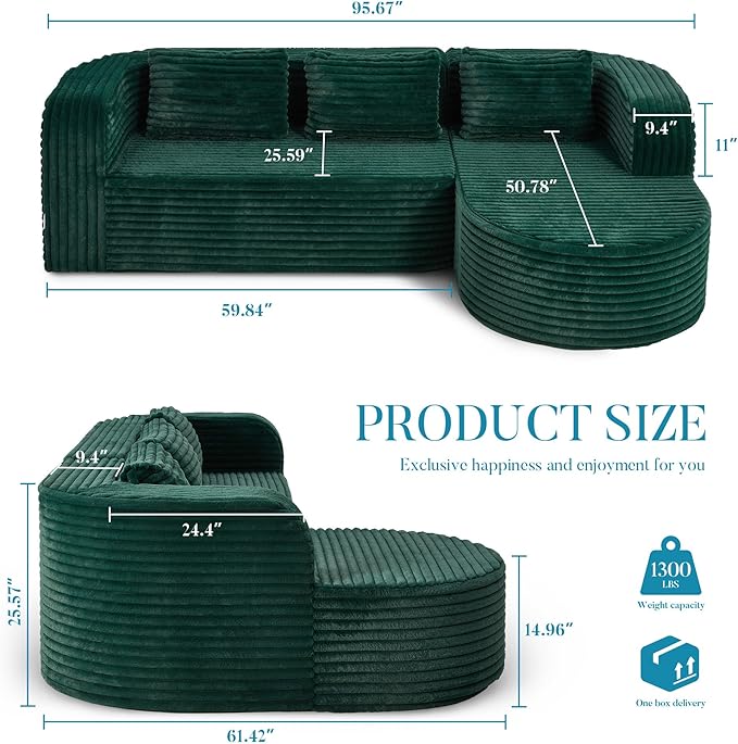Hobestluk 96 Cloud Sectional Couch Modern Boneless Couch 3 Seater with Oversized Chaise L Shaped Modular Sofa Couches for Living Room Apartment No Assembly Required (Stripe GreenRight Facing Chaise)