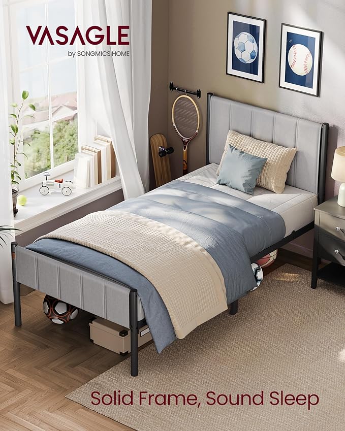 VASAGLE Twin Bed Frame with Upholstered Headboard Metal Bed Frame Twin Size with Footboard 550 lb Weight Capacity Steel Slats Easy Assembly No Box Spring Needed Dove Gray URMB983G01V1