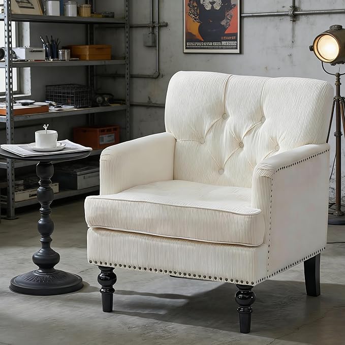 Accent Chair for Living Room Mid-Century Armchairs for Small Spaces Chenille Upholstered Comfy Reading Armchair with Studded for Bedroom (Beige)