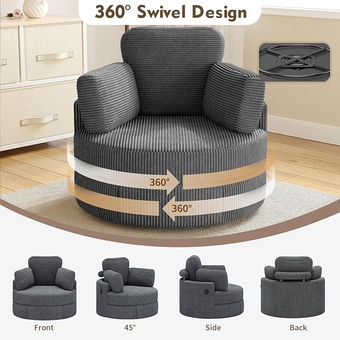 MEISSALIVVE Swivel Accent Chair with Half Moon Ottoman Round Chairs with Drawer Storage for Living Room 360° Barrel Chair with USB Charging Port (Dark Grey Corduroy)