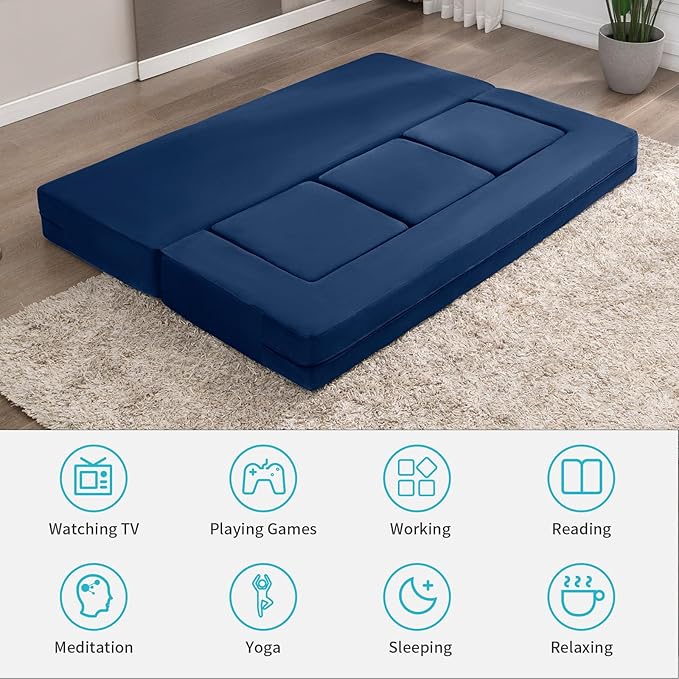 CECER 80 Convertible Floor Sofa BedFolding Sofa Bed with 3 OttomansVelvet Modular Sectional Futon SleeperFoldable Memory Foam Couch for Living Room/Guest Room/Playroom（Blue）