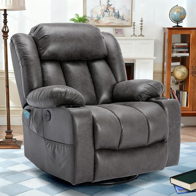 360° Swivel Rocker Recliner Chair with Heat and Massage Manual Glider Rocking Reclining Chair Swivel Overstuffed Lounge Reclining Chair with 2 Cup Holders Side Pockets &amp USB Ports Grey