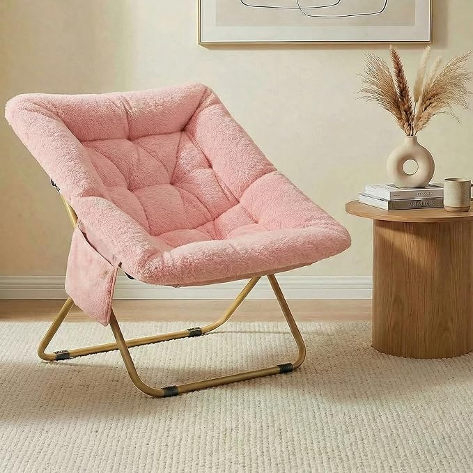 Folding Saucer Chair Comfy Reading Chair with Soft Thick Padded Seat Plush Faux Fur Lounge Chair for Small Space Bedroom Dorm Living Room X-Large Lazy Chair for Adults Teens Kids