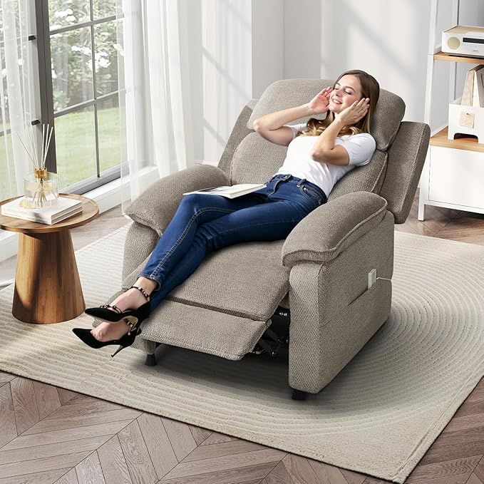 Power Recliner Chair for Adults Reclining Sofa Chair Adjustable Home Theater Seating with Side Pocket Single Recliners for Small Space Living Room (2 Khaki)