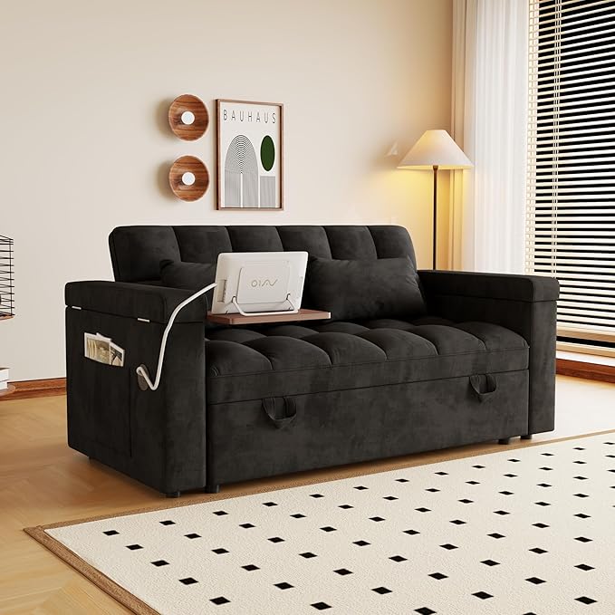 Convertible Sofa Bed 5-in-1 Pull Out Couch with Side Table Loveseat Sleeper Sofas Bed Couch with USB Port 65‘’ Velvet Pull Out Sofa Beds for Living Room Bedroom Apartment