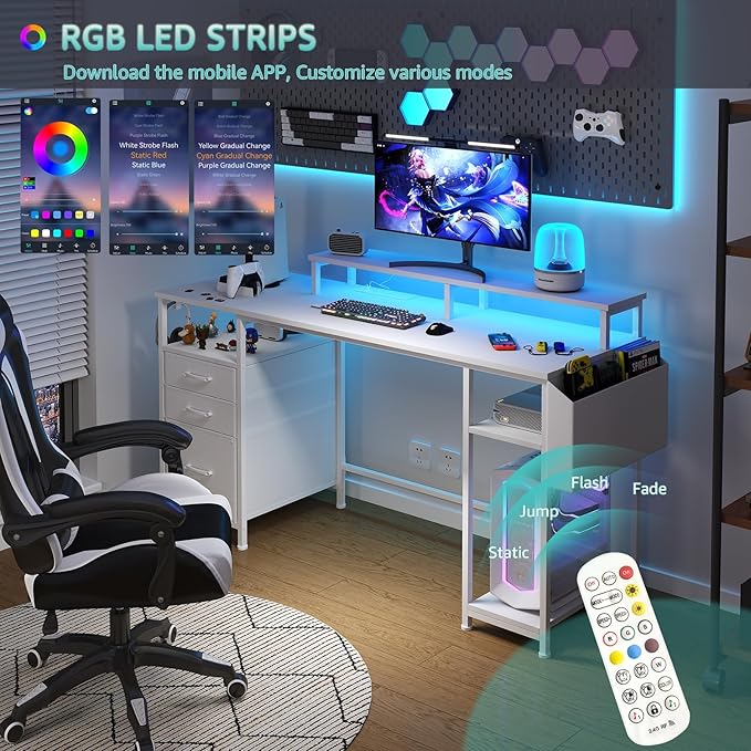 Lufeiya White Computer Desk with File Drawers Cabinet 55 Inch Home Office Desk with Monitor Stand Shelves Writing Study Gaming Desks with Led Lights and Power Outlets for Bedroom White