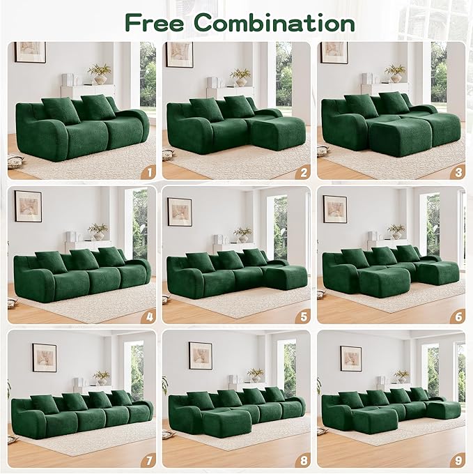 KEIKI 148 U-Shaped Oversized Teddy Modular Sectional Sofa with 2 Ottoman &amp High-Density Foam Cushions &amp Curved Armrest &amp 4 Pillows Streamlined Design Boneless 4-Seater Couch for Living