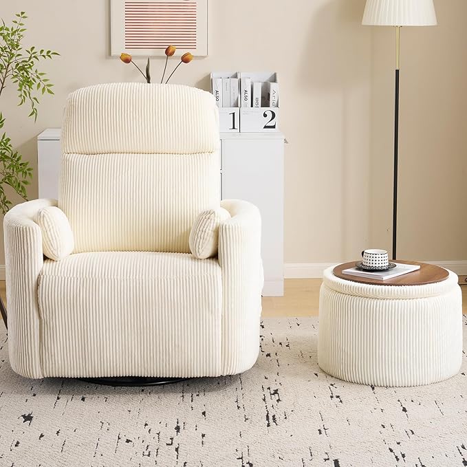 Oversized Swivel Rocker Recliner Chair with Massage and Heat Manual Swivel Glider Rocker Recliner with 2 Pillows Rocking Nursery Chair with Storage Ottoman Adjustable HeadrestCorduroy Beige