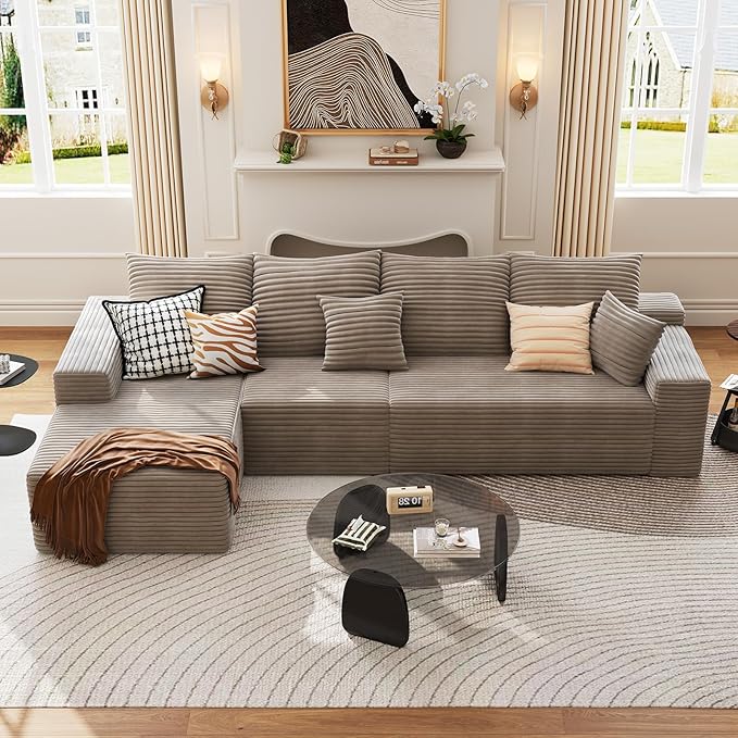 135.4 Cloud Sectional Couch with L-Shape Chaise Modern Modular 4-Seater Sofa with Deep Seat Corduroy Upholstered Couches for Living Room Bedroom No Assembly Required(Camel Left Facing)
