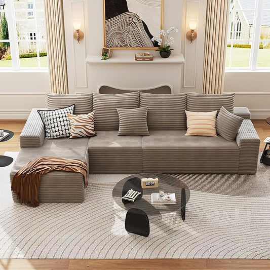 135.4 Cloud Sectional Couch with L-Shape Chaise Modern Modular 4-Seater Sofa with Deep Seat Corduroy Upholstered Couches for Living Room Bedroom No Assembly Required(Camel Left Facing)