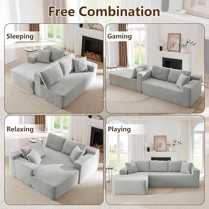 103'' Modular Sectional Sofa with Deep Seat Comfy L Shaped Couch Modern Cloud Couch with Oversized Chaise Corduroy No Assembly Required for Living Room Bedroom Light Grey