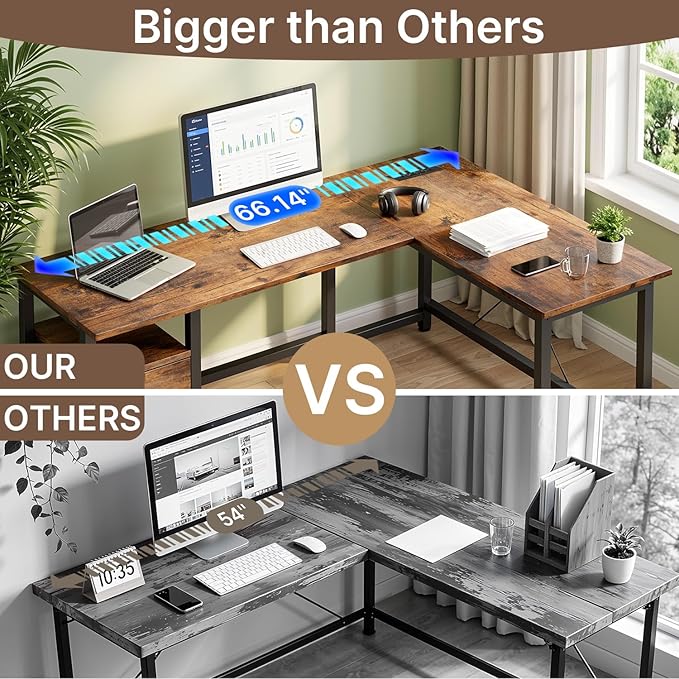Gizoon 66 Inch L Shaped Desk with Drawers Reversible Corner Computer Desk with Power Outlets Home Office Desk with Moveable CPU Stand Large Gaming Desk Rustic Brown